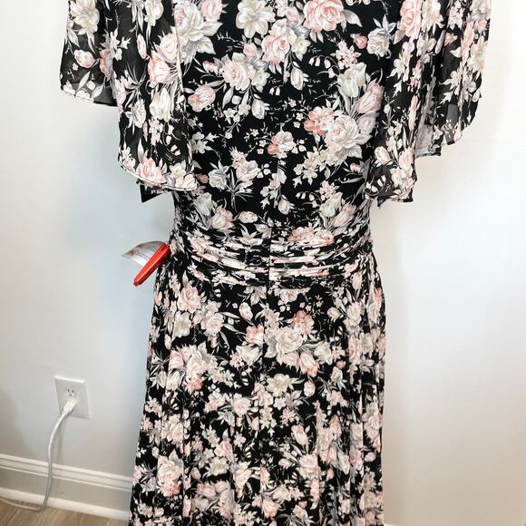 Mac Duggal Floral Print Flutter Sleeve A Line Dress Gown Black 11266 Size 6 New - Picture 12 of 16